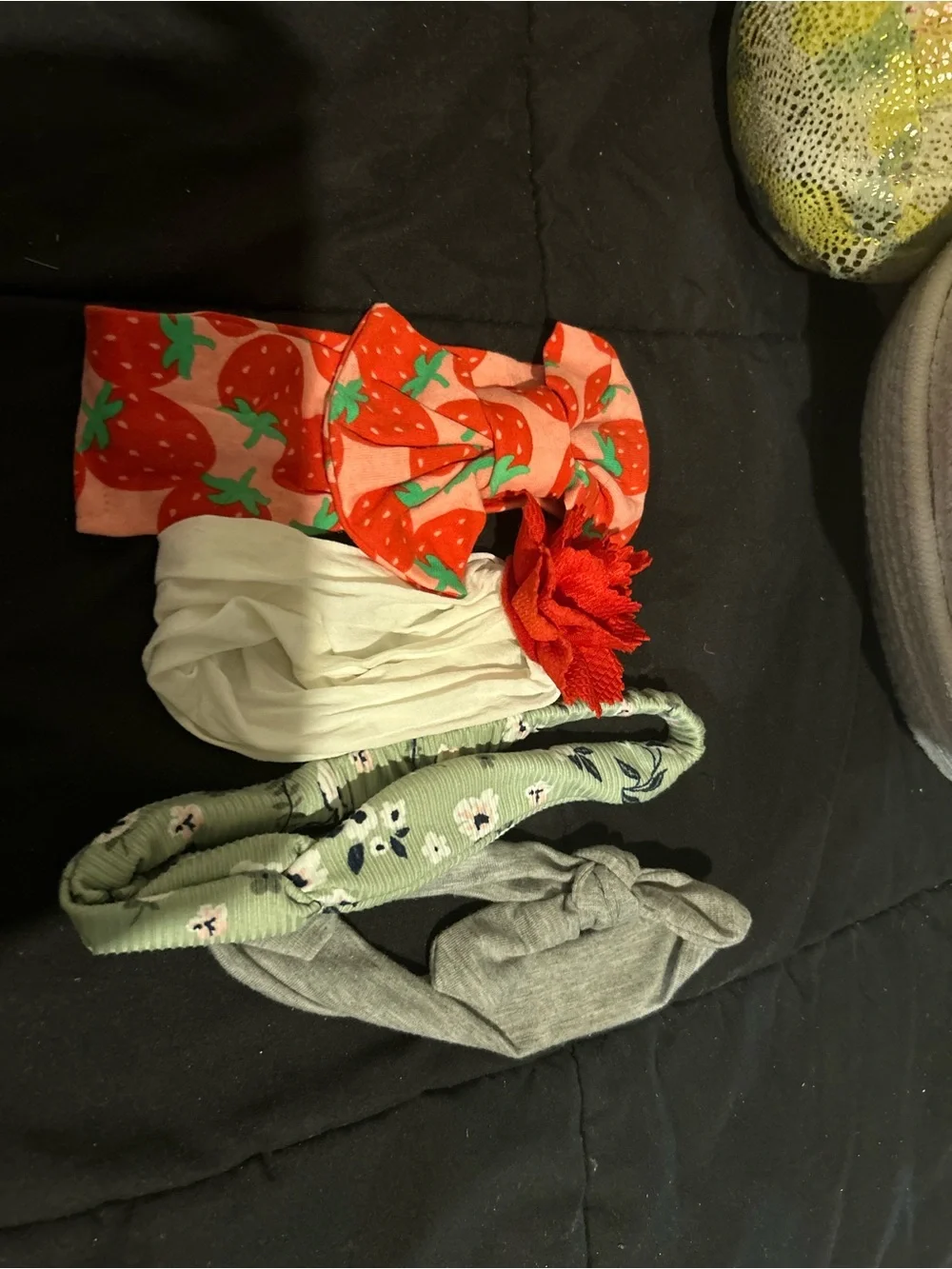Kids Strawberry Print Pink Headband Set with White, Green & Gray Accents